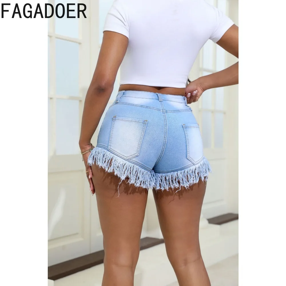 FAGADOER Light Blue Summer Denim Tassels Skinny Shorts Women High Waisted Button Pocket Slim Shorts Female Solid Cowboy Bottoms