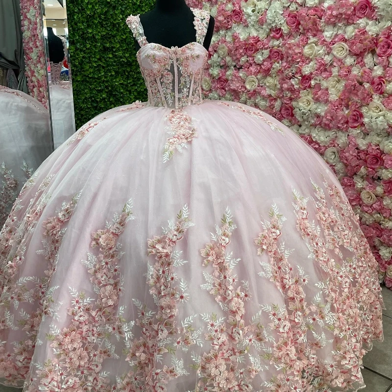 Glamorous Pink Tulle Beaded Appliqued Off-Shoulder Sweetheart Quinceanera Sweet 15 Ball Gown DP7186