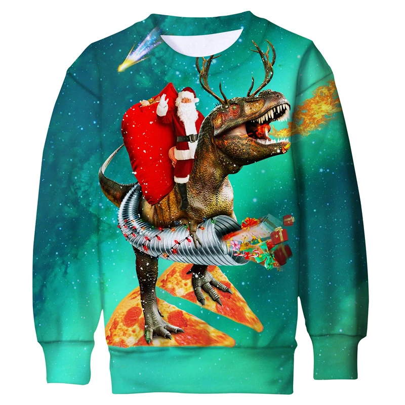 Pull De Noël Ugly Homme - Motif Dinosaure T-Rex Laser & Bonnet - Sweat-Shirt Humoristique 3D