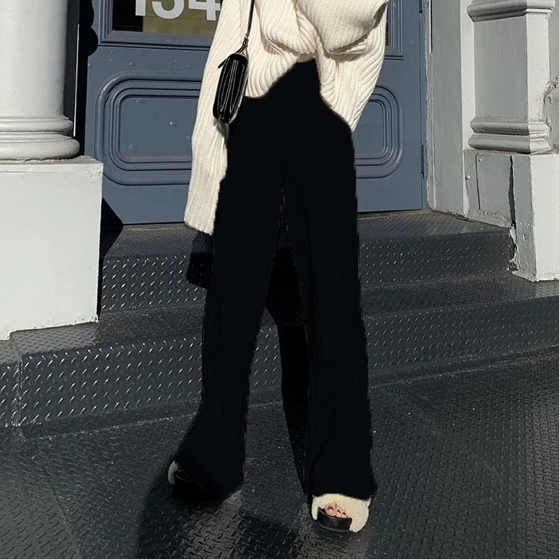 Women's Autumn and Winter Wool Knitted Wide-leg Pants Thickened High Waist Mopping Pants Casual Drape Loose Straight Long Pants