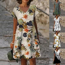 2022 Summer Women's Floral Theme 3D Printed Painting Dress Knee Length V Neck Female Casual Dress Fashionable Design New Dress