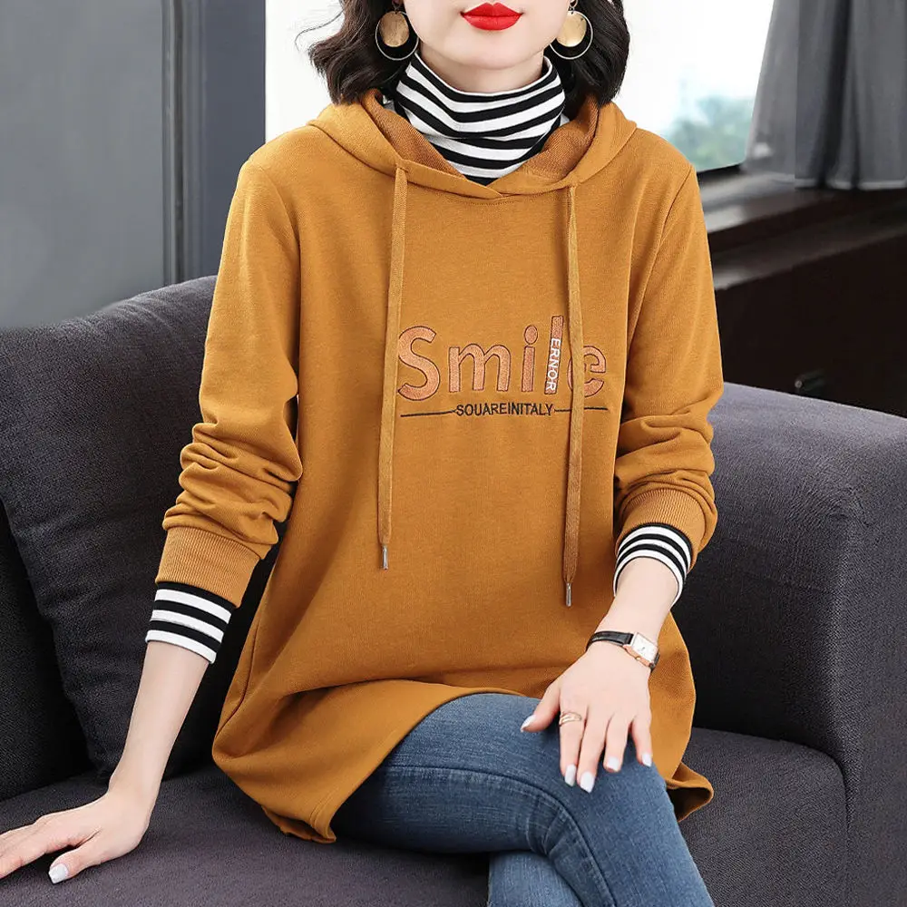 Women Spring and Autumn Fashion New Hooded Sweatshirt Striped Letter Splicing Comfortable Versatile Large Size Long Sleeves Top