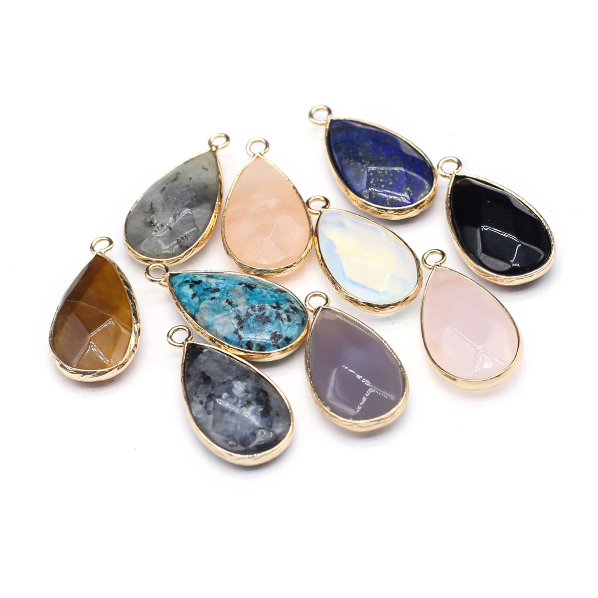 

2PCS Natural Semi-precious Stone Random Colour Teardrop Shape Gold Edge Pendant for DIY Jewelry Making Handmade Earring Necklace