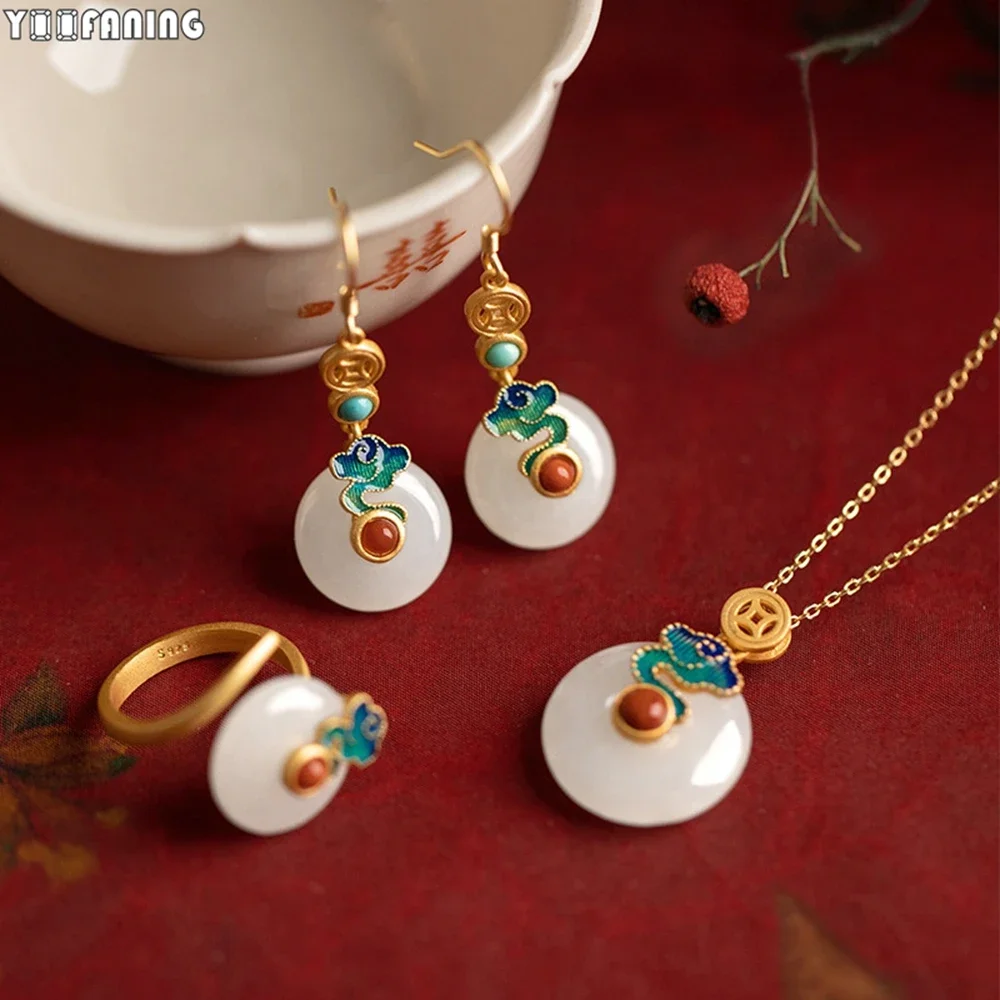 925 Sterling Silver Ear Needle Chinese Wind Hoop Earrings Pendant Jade Enamel Ancient Method Gold Earrings for Women Jewelry 3