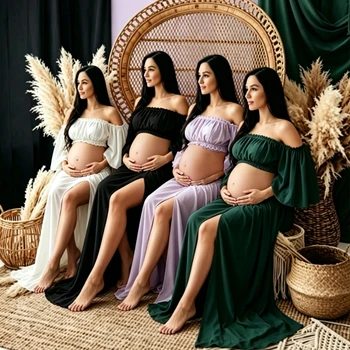 Off-Shoulder Maternity Outfit,Ruffled Sleeve Crop Top & High Slit Skirt, Boho Chiffon Dress for Pregnancy Photoshoot baby shower