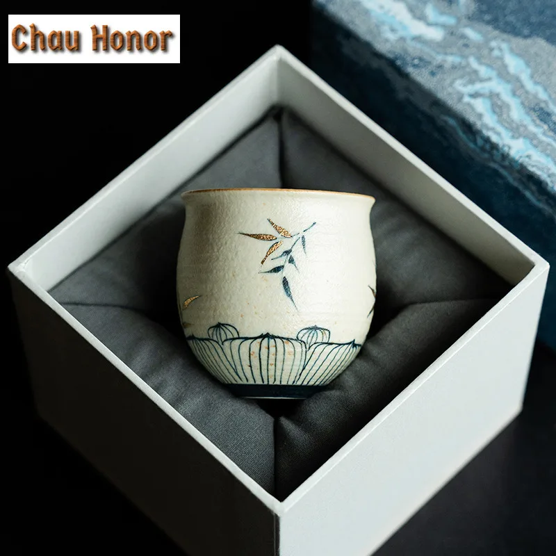 90ml Blue And White Flint Red Teacup Handmade Gold Drawing Bamboo Tea Bowl Zen Single Cups Smelling Cup Jianzhan Teaset Craft