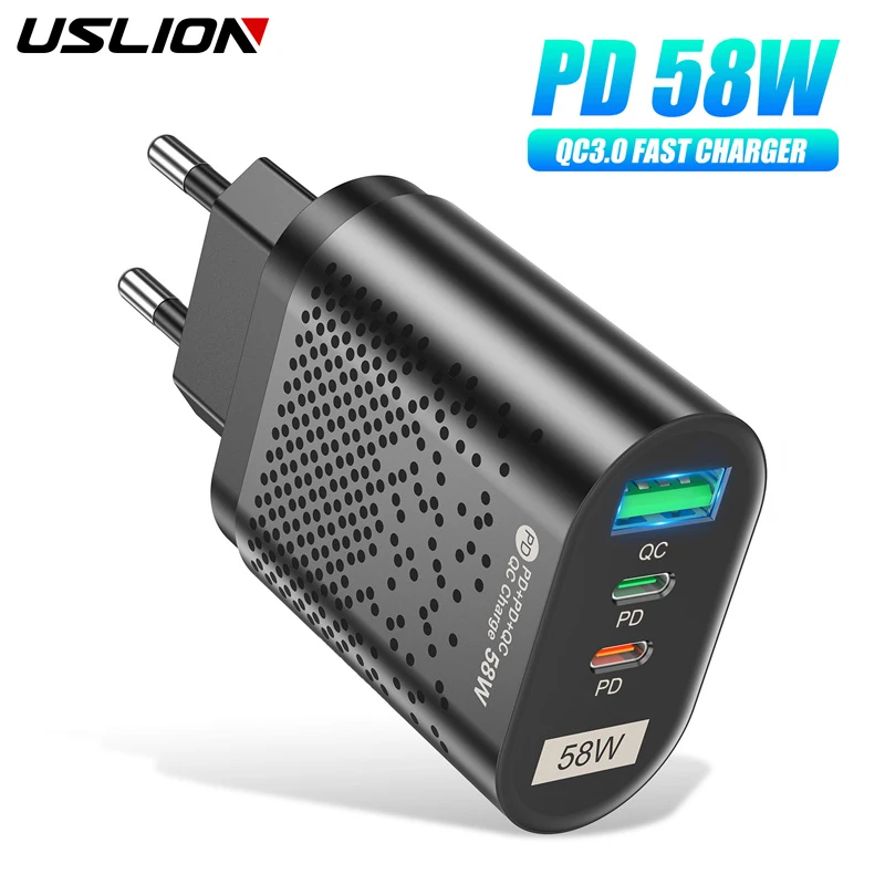 USLION 58W Fast Charging Charger QC 3.0 3 Ports Type C PD20W USB18W Mobile Phone Charger Power Adapter for iPhone Samsung Xiaomi