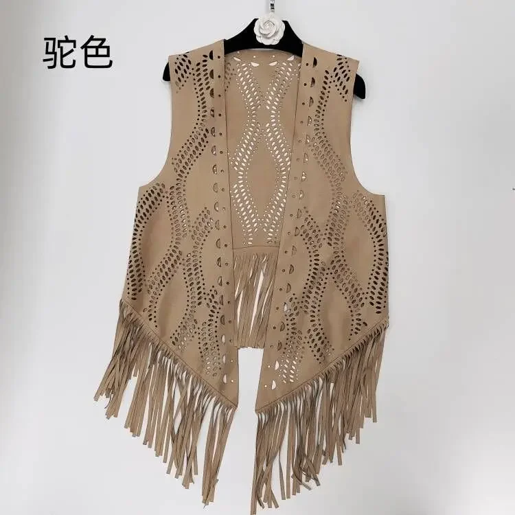 Gilet Hippie Femme à Franges Imitation Daim Vintage - Style Ethnique Boho Chic Sans Manches