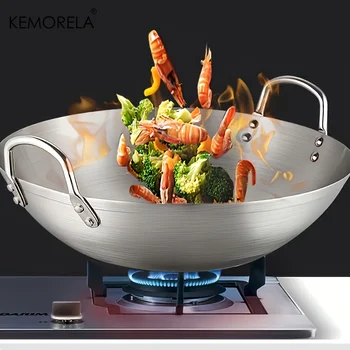 1 pz Wok in acciaio inossidabile non rivestito 26/28/30/32/34 cm di alta qualità doppia maniglia padella adatta per la cottura domestica di manzo fritto 2