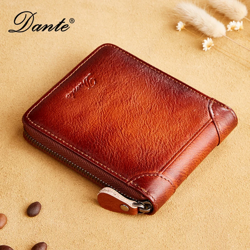 Dante Zipper Multifunctional Wallet with Large Capacity Anti-theft Brush Leather Men's Wallet Head Layer Cowhide Money Bag Clips