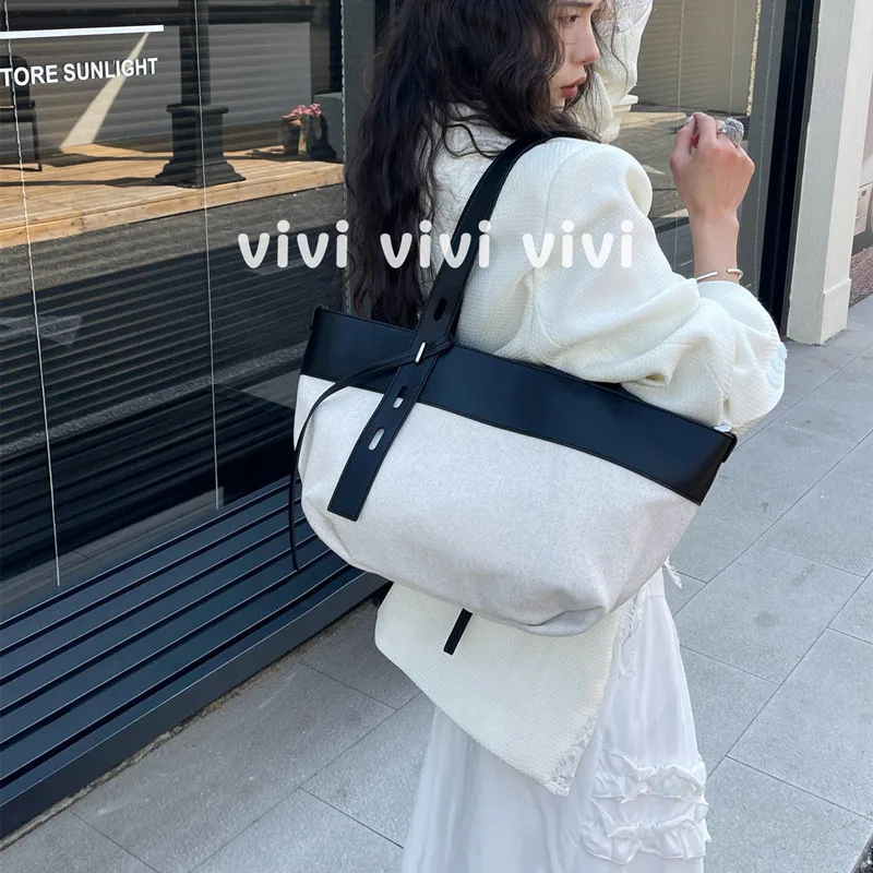 Summer Woven Top-Handle Bags Large Capacity Women Shoulder Bag Fashion Cotton and linen Bag PU Stitching Simple Vacation Handbag