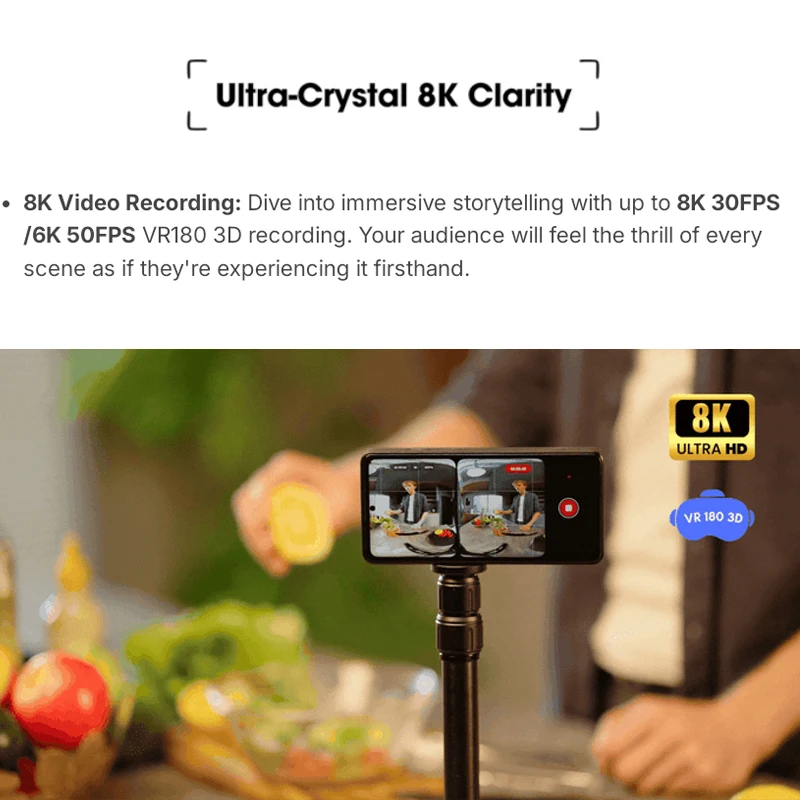 SLAM XCAM 8K 30FPS VR180 3D 카메라 듀얼 1/1.5인치 CMOS 센서 10비트 컬러 6.67인치 AMOLED 3D 비디오 카메라