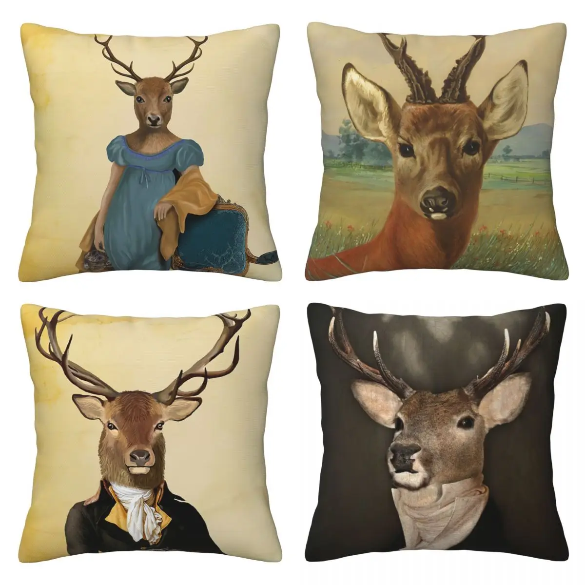 

Deer & Chair Throw Pillow Cover Set of 4 Square Decor Home Pillow Case Printed For Sofa Protector 18 x 18 Inch