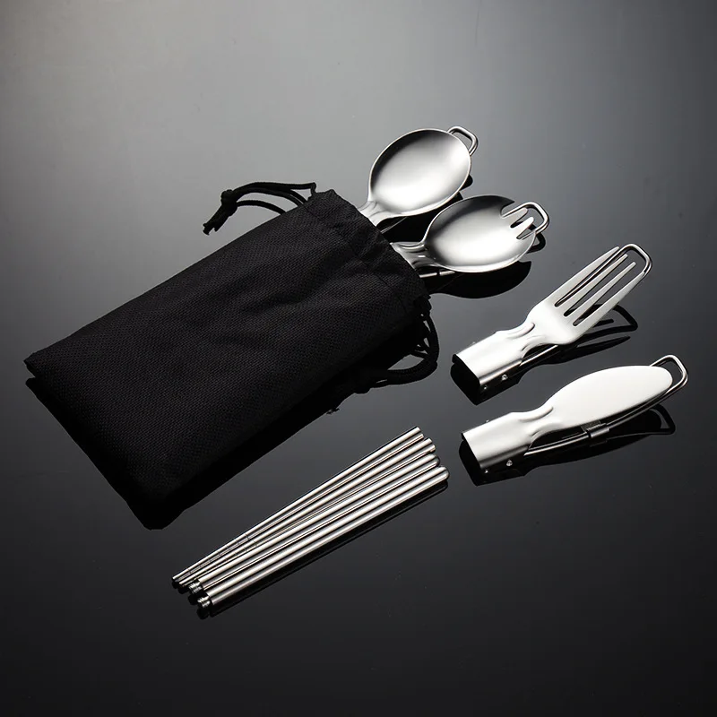 접이식 304 스테인리스 스틸 포크 나이프 스푼, 탈착식 여행 커트레이 세트, 풀 식기 키트, 야외 피크닉 도우미 