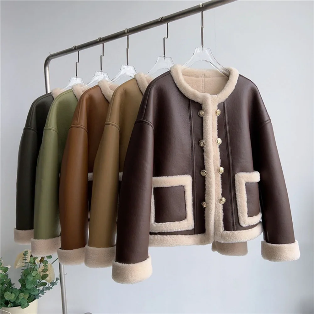 

Женское шерстяное пальто, новинка сезона осень-зима 2023, двухбортная меховая утепленная куртка с круглым вырезом, повседневный модный пригородный Топ