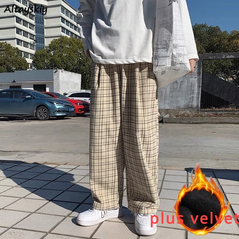 

Casual Pants Women Plus Velvet Corduroy Winter Keep Warm Plaid Korean Fashion All-match Wide Leg Trousers Y2k Streetwear Chic