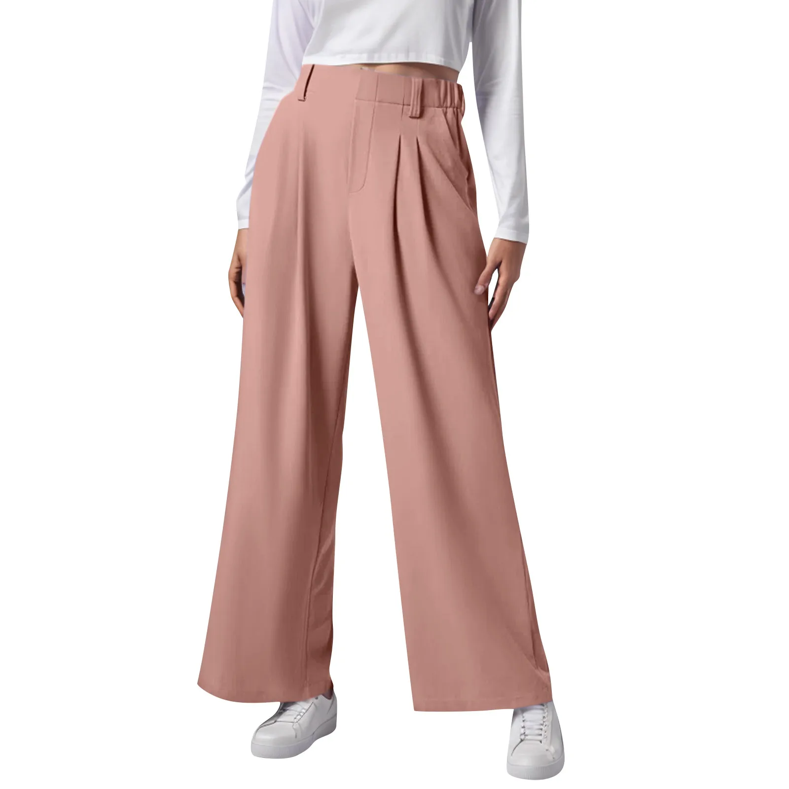 

Women's Wide Leg Pants Elastic High Waisted Knit Casual Palazzo Pants Trousers With Pockets 여성의류 여성바지