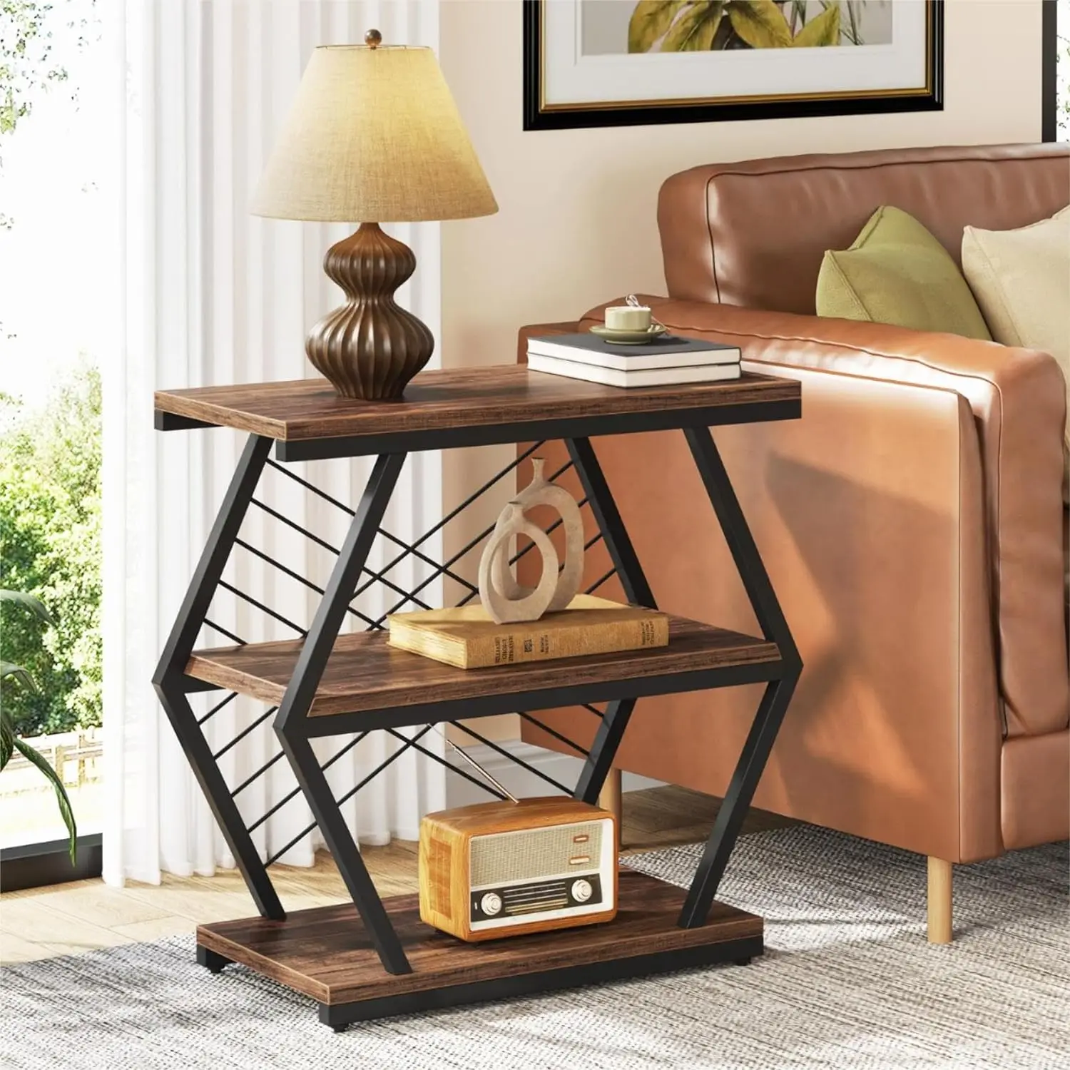 Industrial Side End Table with 3 Storage Shelves, Wood Sofa Side Table with Geometric Metal Frame for Living Room, Bedroom