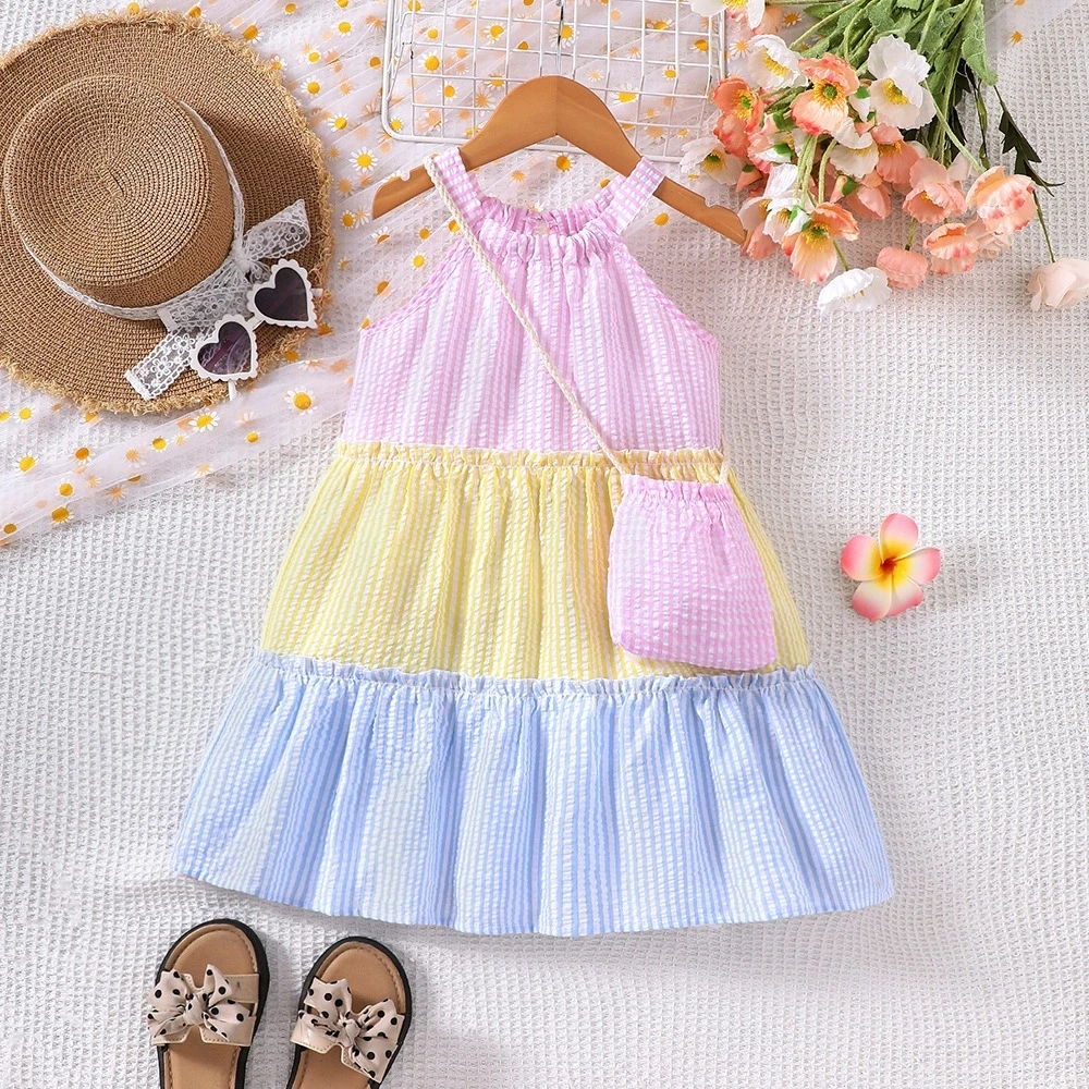Ärmelloses Sommerkleid für Mädchen mit Rüschensaum und gestreiften vertikalen Streifen, leichte Strandkleider mit Tasche, Kinderkleidung für Mädchen – Detail 3