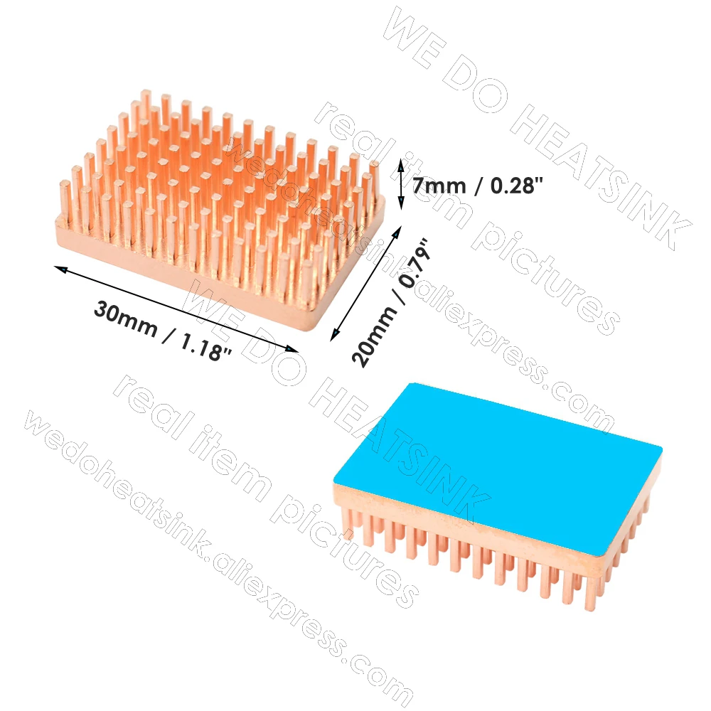 Free Ship 30x20x7mm Pure Copper Pin Fins Heatsink Radiator Cooler With Thermal Conductive Adhesive Pad For Electronics IC — view 2