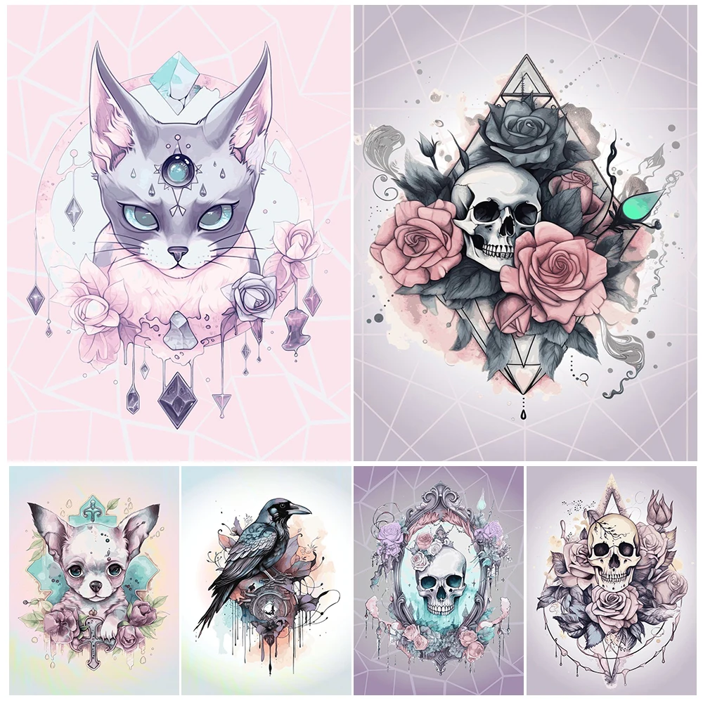 

Mystic Cat Witch And Pastel Floral Skull Vintage Wall Art Canvas Painting Magic & Witchcraft Element Art Poster And Print Decor