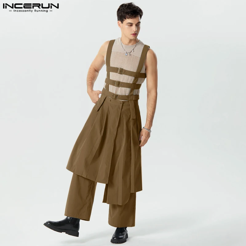 

2023 Men Jumpsuits Solid Sleeveless Pleated Personality Skirts Trousers Streetwear Male Irregular Rompers Overalls S-5XL INCERUN