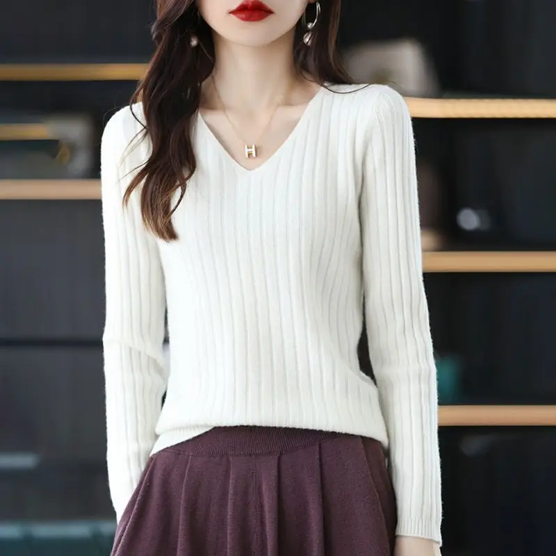 Women Sweater Long Sleeve Top Knitted Pullover V-Neck Fashion Sweater Woman Winter 2022 Basic Female Clothing Soild OL Sweaters 4