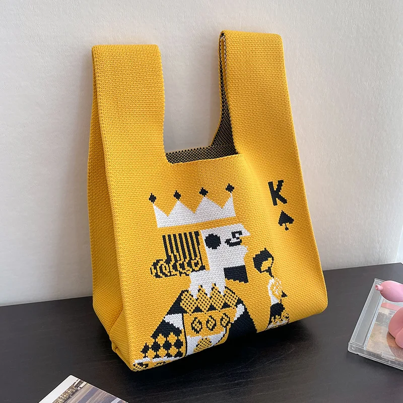 

Women's Knitted Handbag Creative Poker King Pattern Crochet Knitting Knoted Wrist Bag Females Autumn Winter Handle Bag Shopping