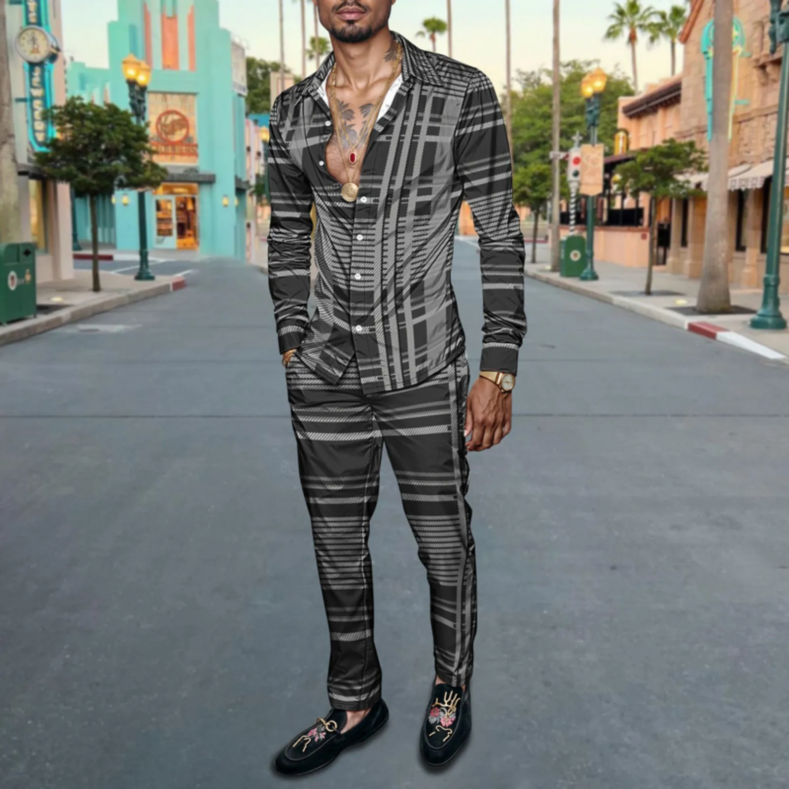 Set di camicie da uomo primavera estate 2025, stampate, alla moda, semplici, in due pezzi, a maniche lunghe, stile urbano di alta qualità_voghion.com