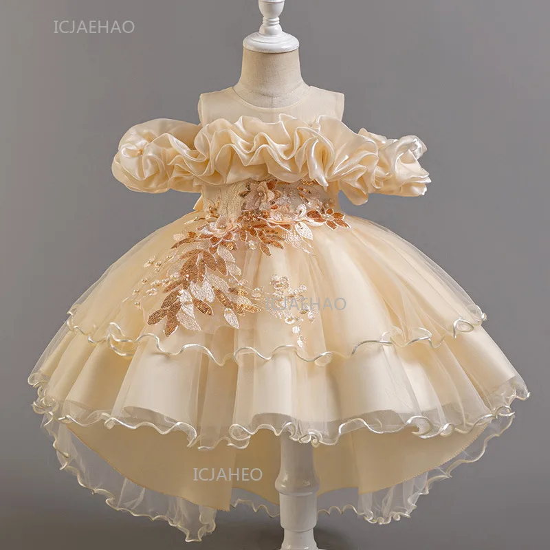 Girls Flower Girl Dress with Train Tulle Princess Gown Christmas Birthday Party Pageant Formal Dresses Kids Children Clothing - 3