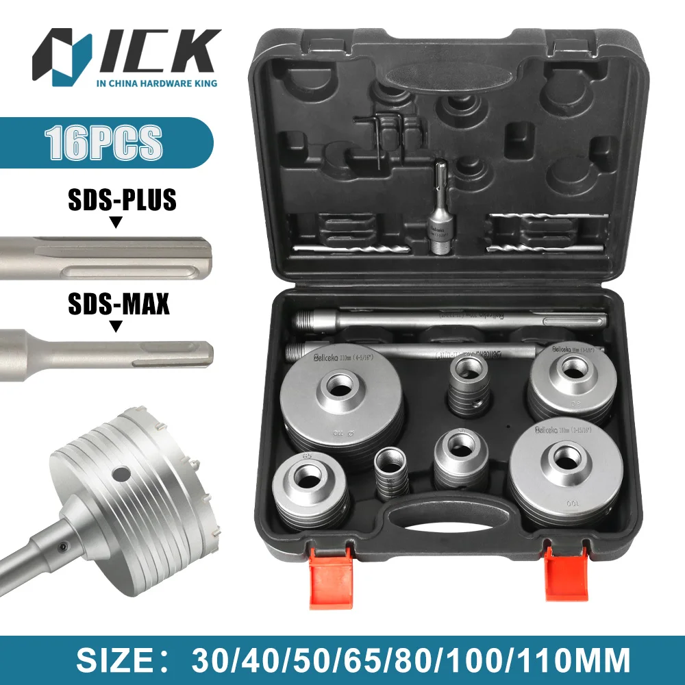 16pcs Concrete Hole Saw Kits SDS-Plus & Max Shank Connecting Rod 110mm with 3 Drill Bits for Concrete/Cement/Brick/Stone/Wall