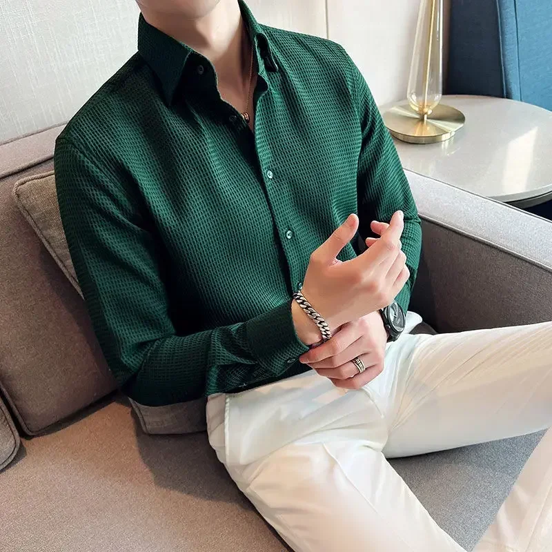 Male Shirts Green Plain Men's Shirt Business Waffle Designer