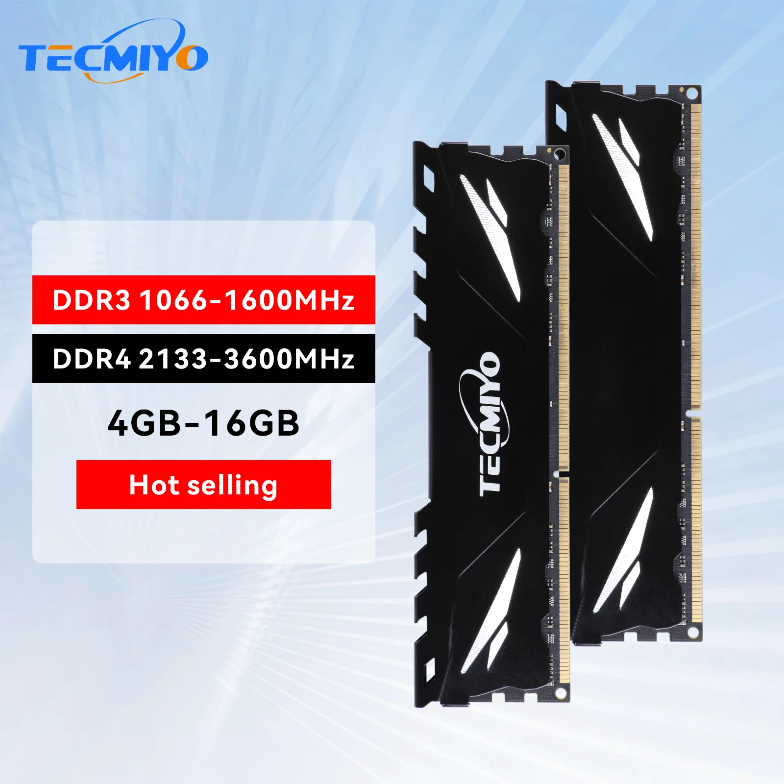 

TECMIYO DDR3/ DDR3L 1333/1600 DDR4 8GB/16GB 2133/2400/2666MHz/3000MHz/3200MHz/3600MHz Desktop RAM with Heat Sink - 1 PC Black