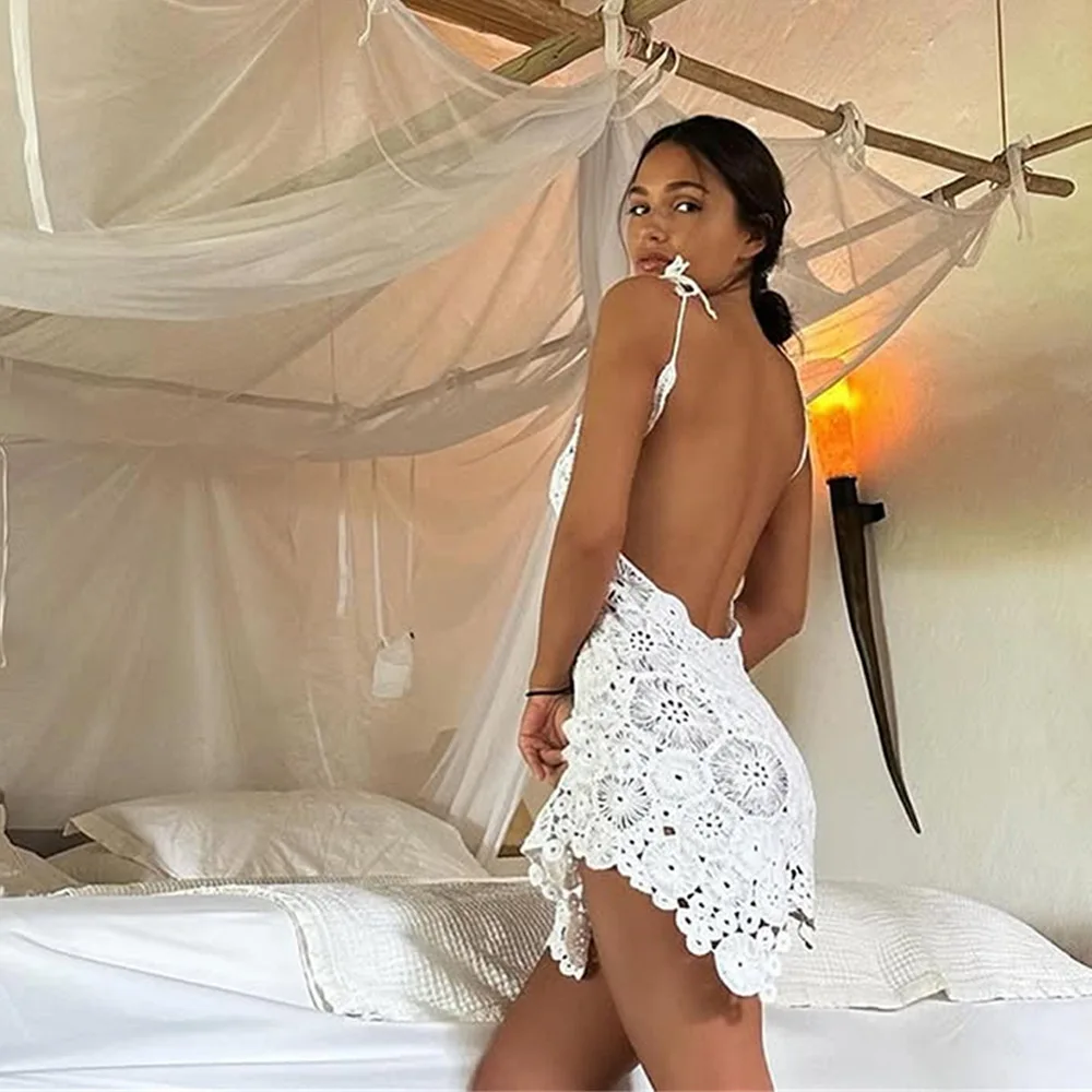 HOTSHOTSexy Flower Crochet Swimsuit Dress Women Beach Cover Ups Slim U Neck Hollow Out Sleeveless Irregular Hem Mini Beach Dress 4