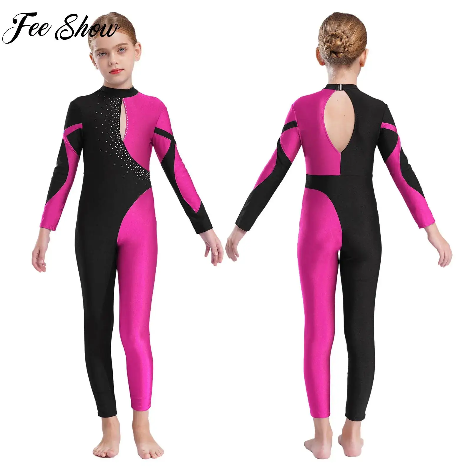Kids Long Sleeve Rhinestone Contrast Color Ballet Dance Gymnastics Jumpsuit Girls Shiny Dancewear Performance Party Costumes