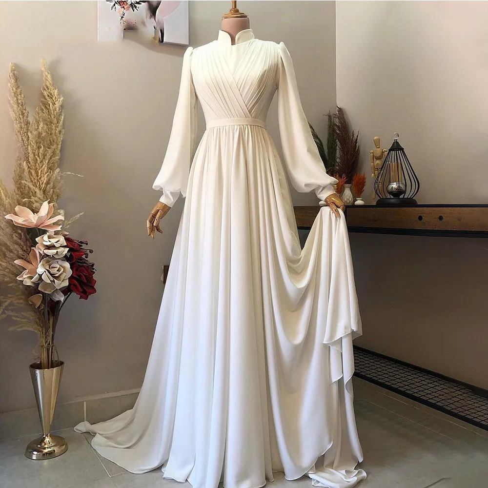 

Moroccan Formal Evening Dresses For Women Puff Sleeves Party Gowns Pleats Chiffon A Line Sweep Train High Neck Robes De Soirée