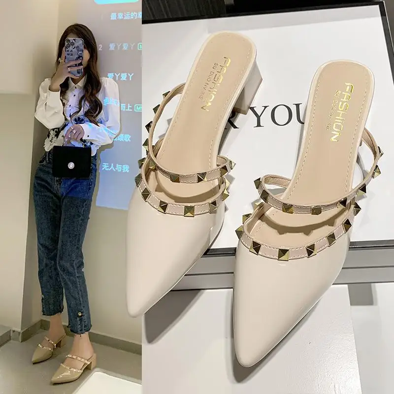 

2024 Spring New Luxury Brand Woman Slingback Shoes Fashion Ladies High Heels Elegant Med Heel Pointed Toe Slip on Sandal Mules