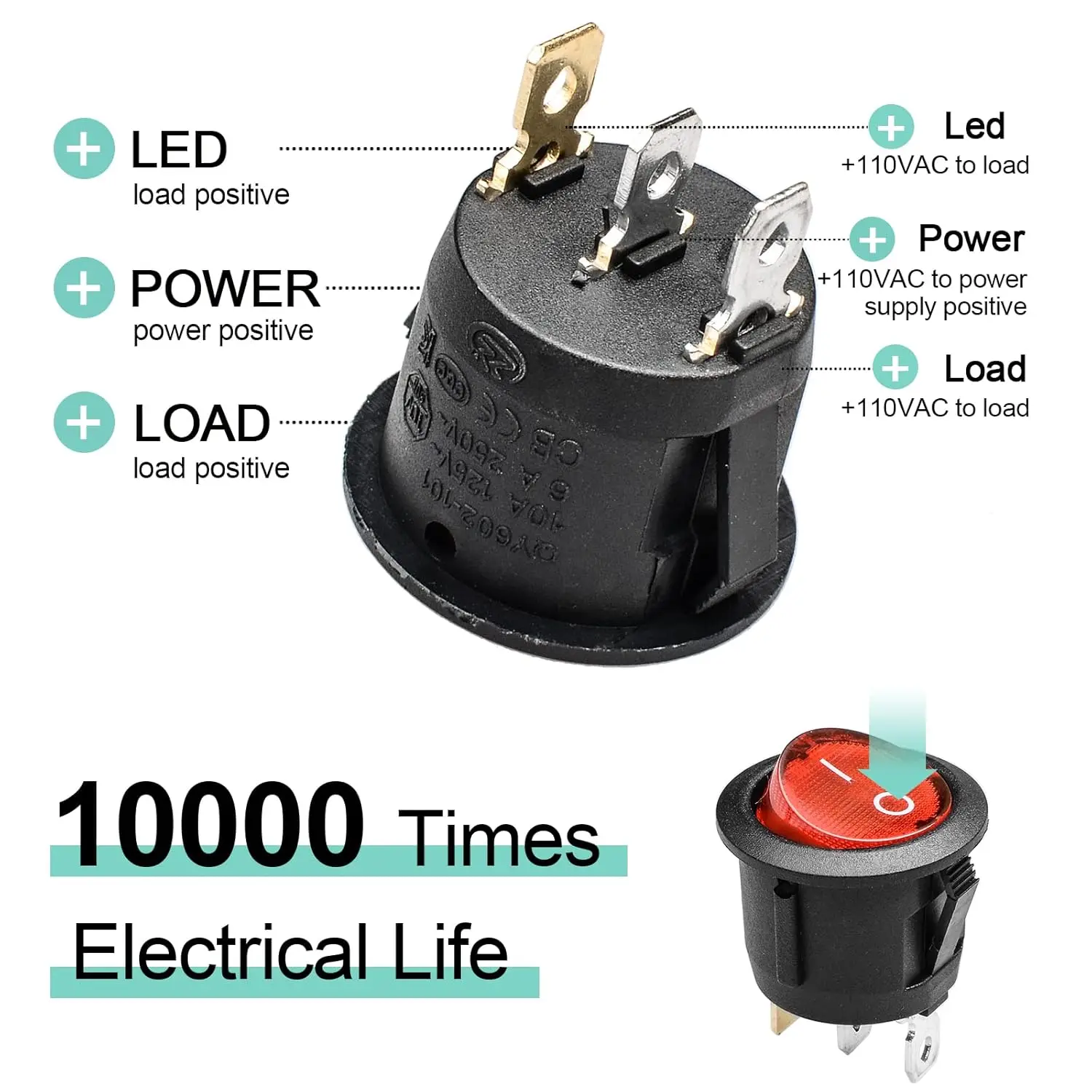 5 stücke KCD1 Ein/Aus 3-Pin 2-Position Snap 20A 12 V Rote LED Runde Boot Rocker schalter mit LED Für Auto Haushalt DIY Ersatz – Detail 10