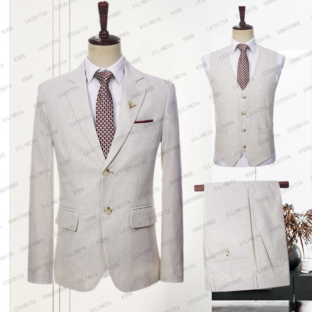 

2023 модный новый мужской льняной костюм деловой официальный хаки Повседневный приталенный Свадебный костюм для жениха из трех предметов (пиджак + жилет + брюки)