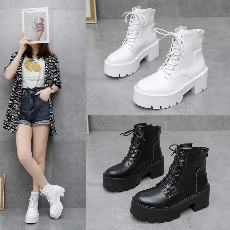 Chunky Platform Ankle Boots for Women 2022 Autumn Winter Thick Bottom Lace Up Shoes Woman Retro Black Pu Leather Short Boots