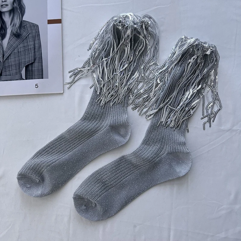 Vintage Sequins Tassles Bling Bling Socks Women Korean Fashion