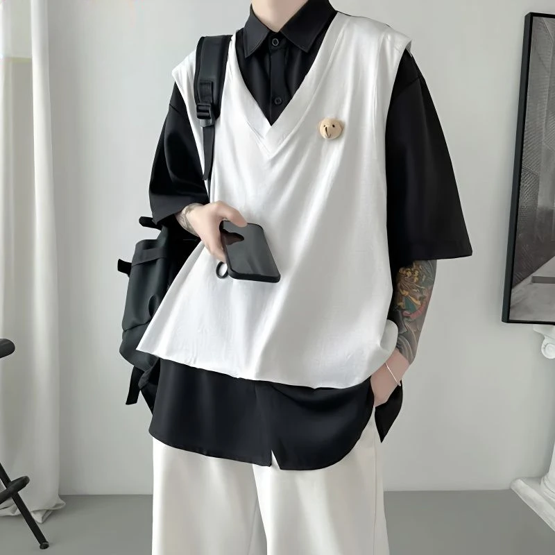 Korean style fake two-piece short-sleeved shirt for men and women summer loose half-sleeved T-shirt design square collar shirts