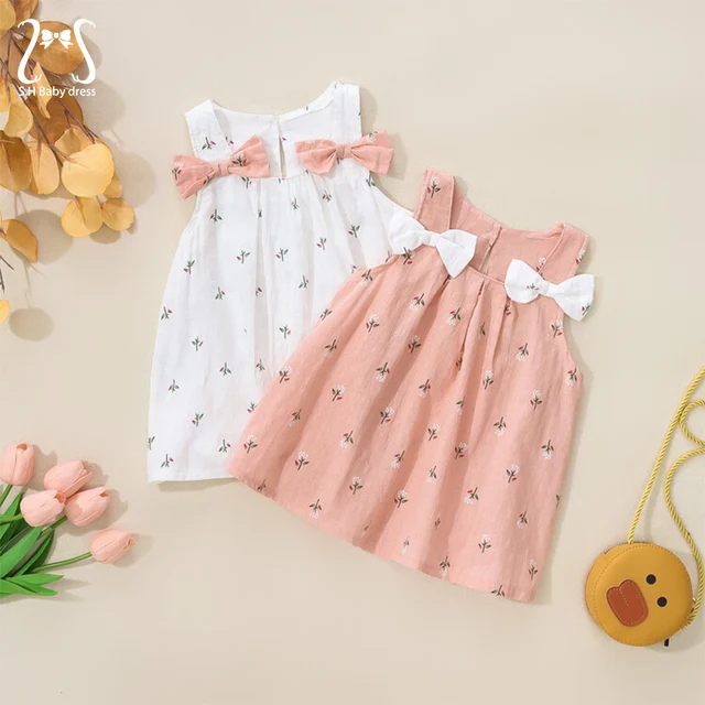 Summer Simple Solid Color Flower Baby Girl Dress Sleeveless Bowknot Children's Clothes Thin Breathable 0 To 3 Years Old Toddler 1