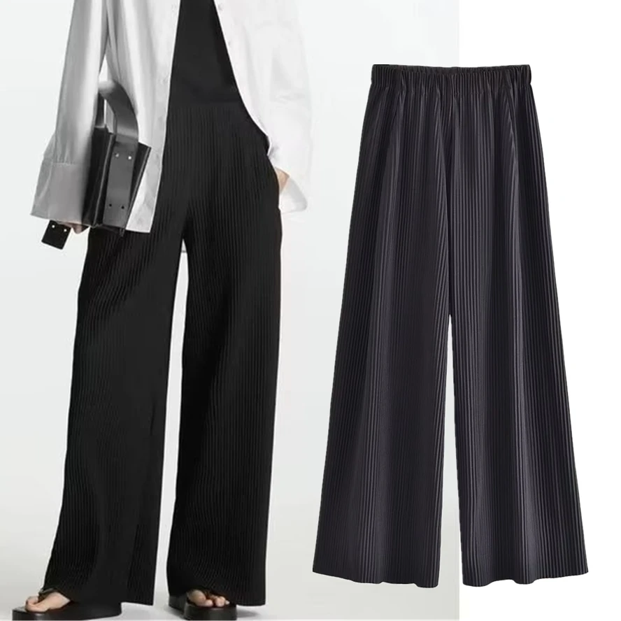 Maxdutti British Ladies Pleated  Pants Women Elastic Waist Trousers Fashion Casual Loose Black Bottoms Harem