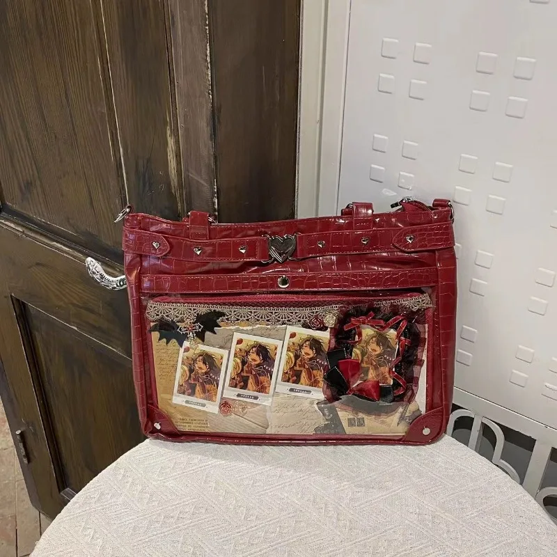 Xiuya Y2k Womens Tote Bag Aesthetic Japanese Style Leather Vintage Transparent Shoulder Bag Lolita Jk Large Capacity New Handbag