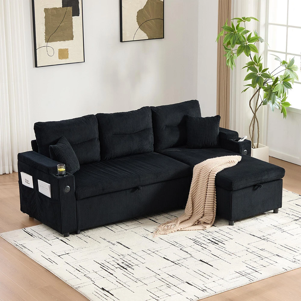 KOMHTOM Modernes 3-Personen-Leinensofa mit Stauraum, Getränkehalter, USB-C, Hydraulische Chaiselongue, Schubladenbett – Detail 2