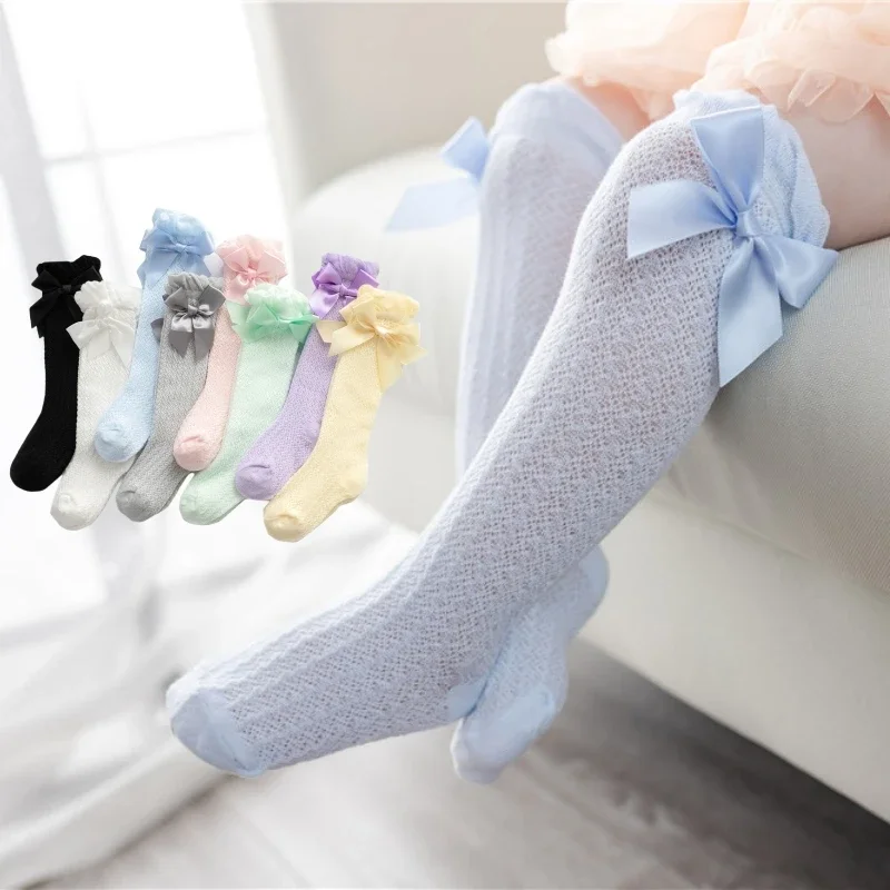 

Baby Knee High Socks Kids Girls Boys Bow Long Sock Soft Cotton Mesh Breathable Children Hollow Out Socken for 0-3 Years Old