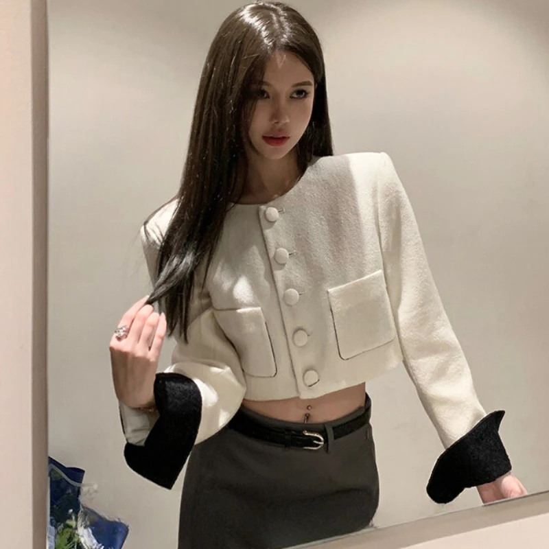 

Korean Small Fragrance Women Short Outerwear Autumn Winter White Button Blends Wool Female Long Sleeve O Neck Jacket Coat