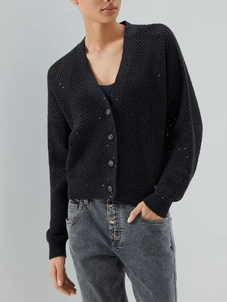 

2023 Autumn and Winter New V-neck Hollow Mesh Knitted Women Casual Sparkle Bead Women Sequined Wool and Cashmere Cardigan