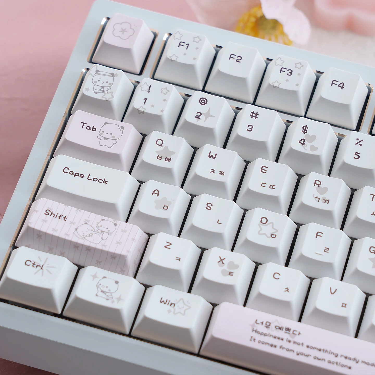 Adorable White & Pink Bubu-Bear Korean Hangul Cherry Profile PBT Keycaps for Custom Mechanical Keyboards